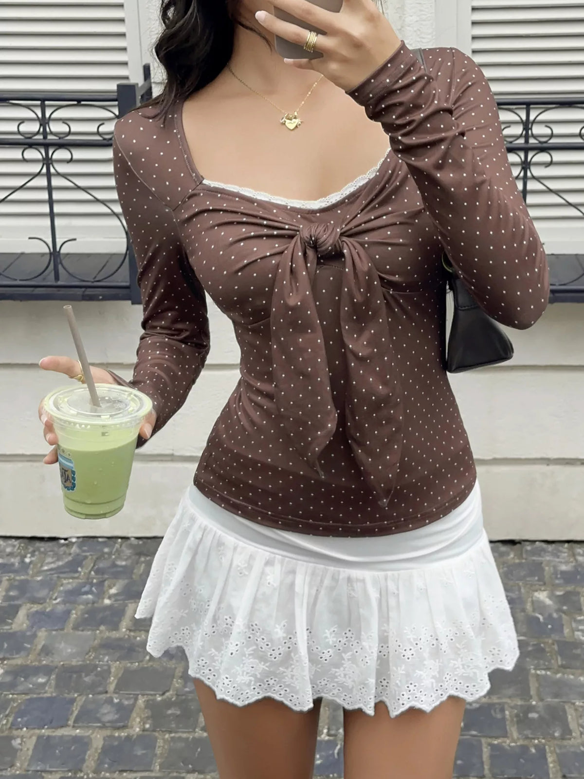 Polka Dot Long Sleeve Blouse with Front Tie and Lace Trim, front view