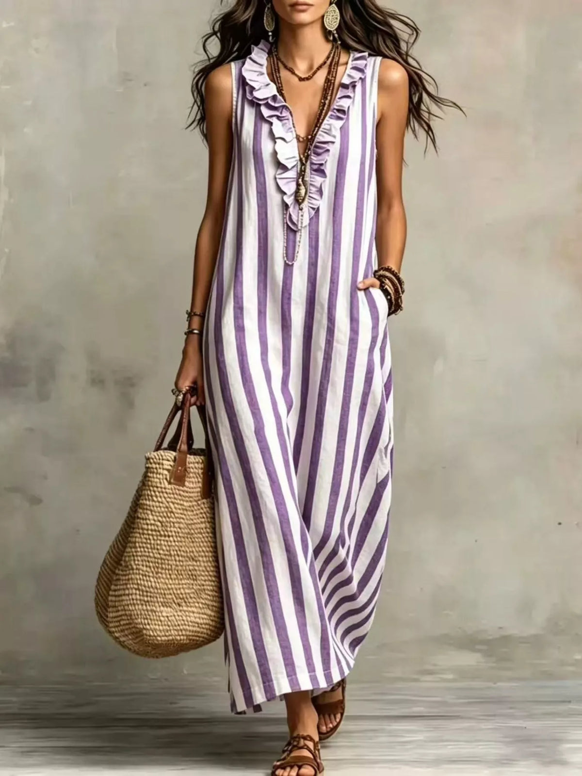 Purple and white striped sleeveless maxi dress, front view