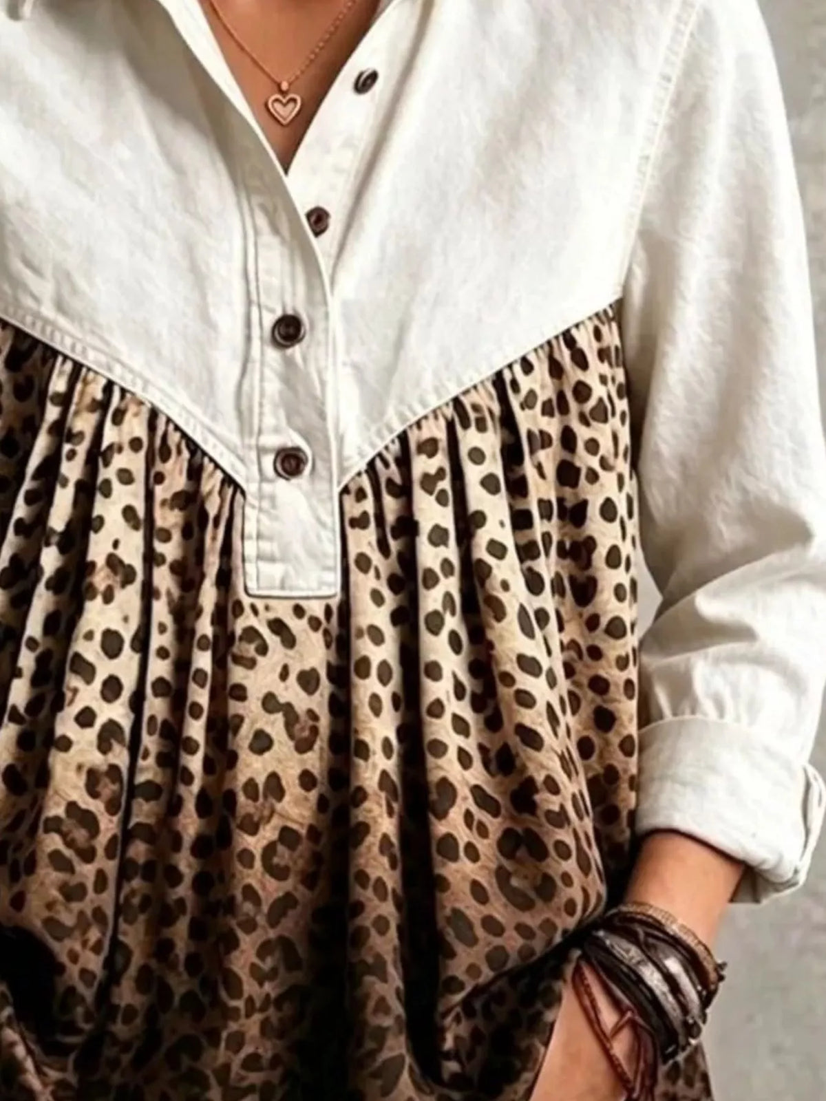 White leopard-panel button-front blouse, button-placket and leopard-panel detail