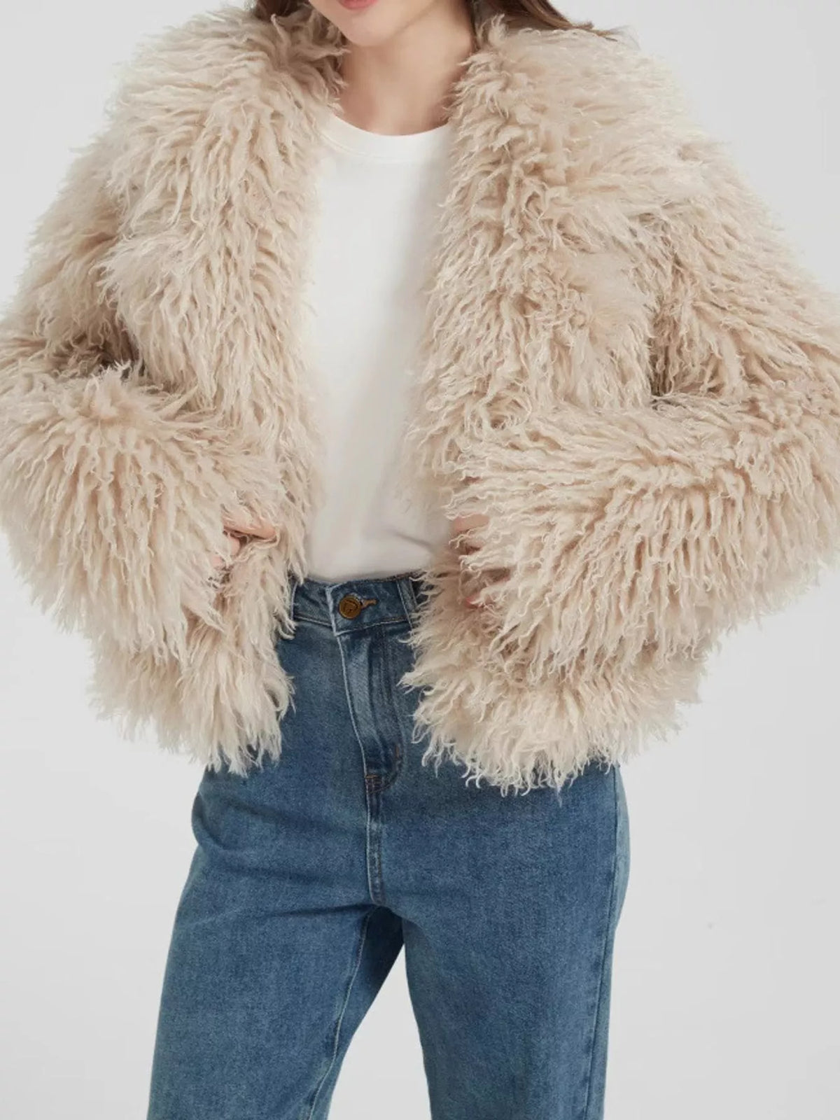 Collared long sleeve jacket, front view on model