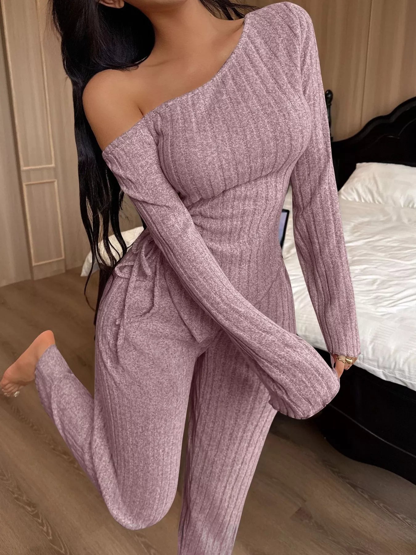 Trendsi One-Shoulder Ribbed Knit Top and Pants Set -
