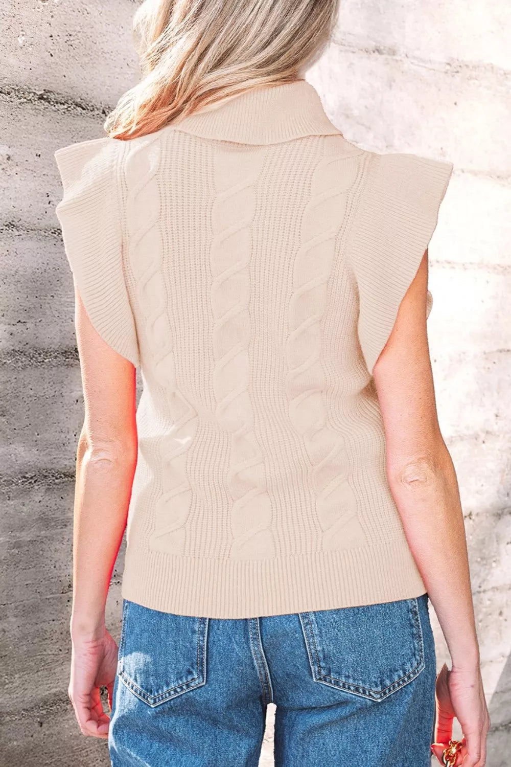 Trendsi Cable Knit Turtleneck Ruffled Short Sleeve Sweater -
