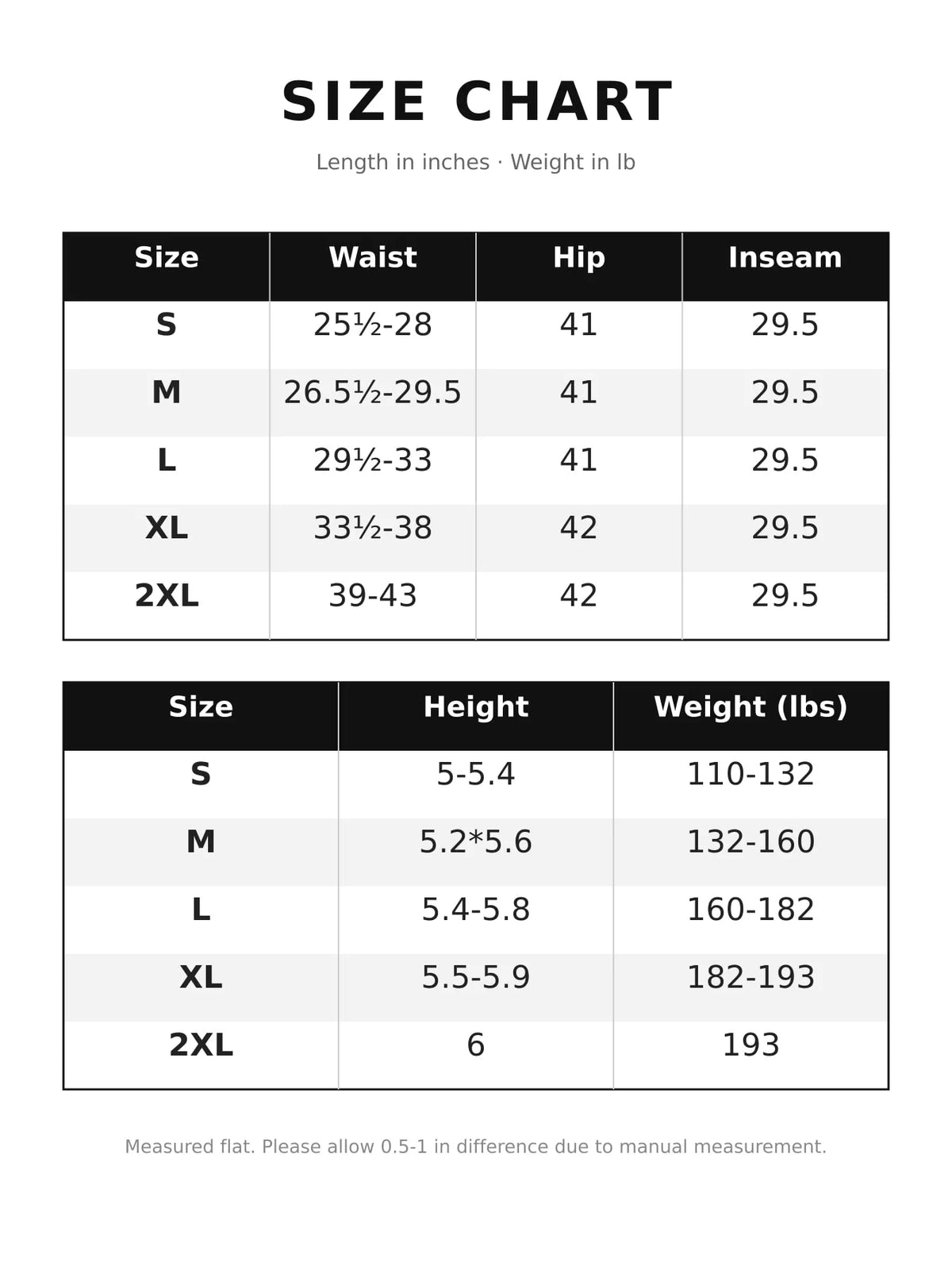 Size chart for wide-leg lounge pants