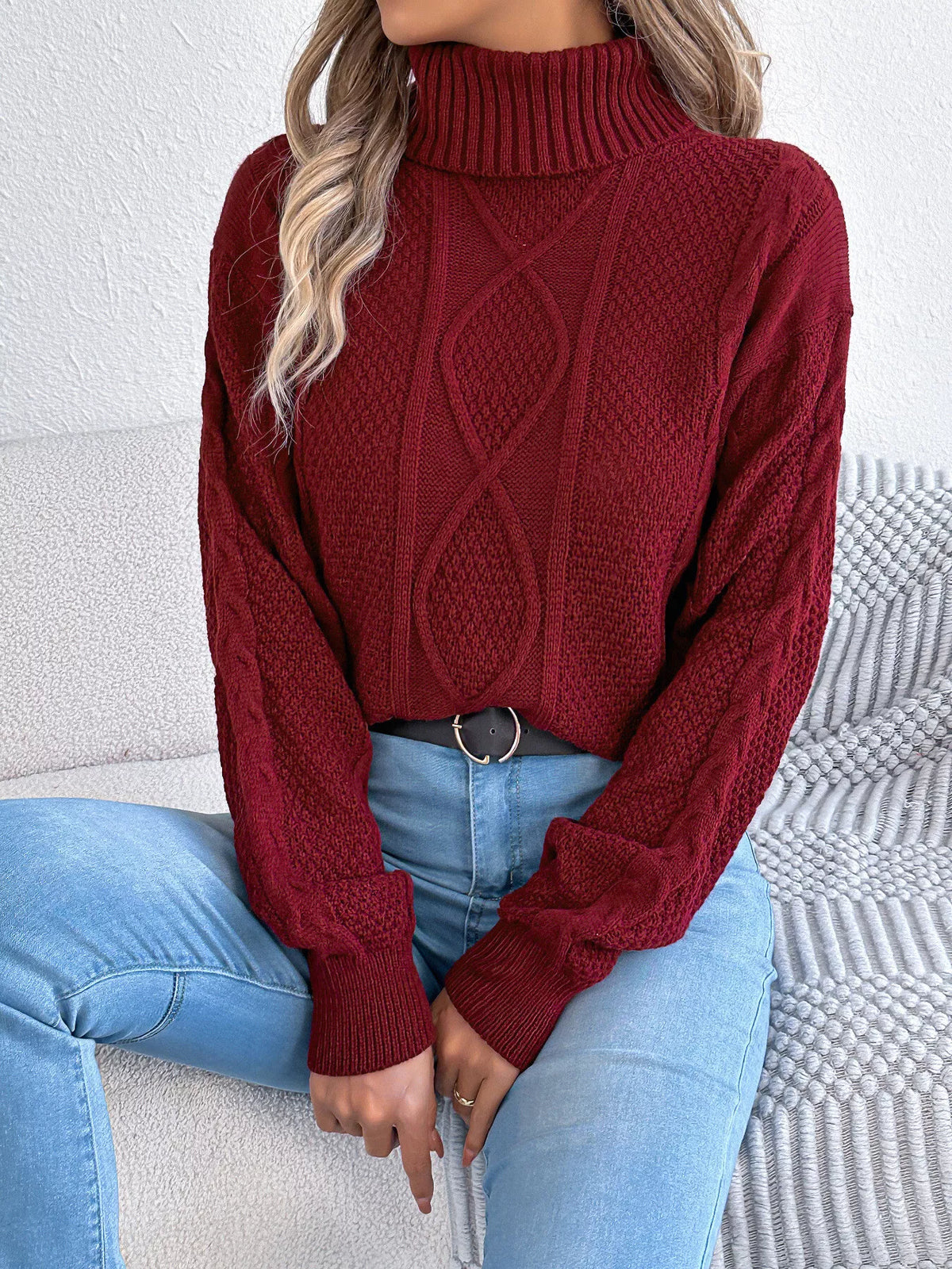 Burgundy turtleneck cable knit sweater