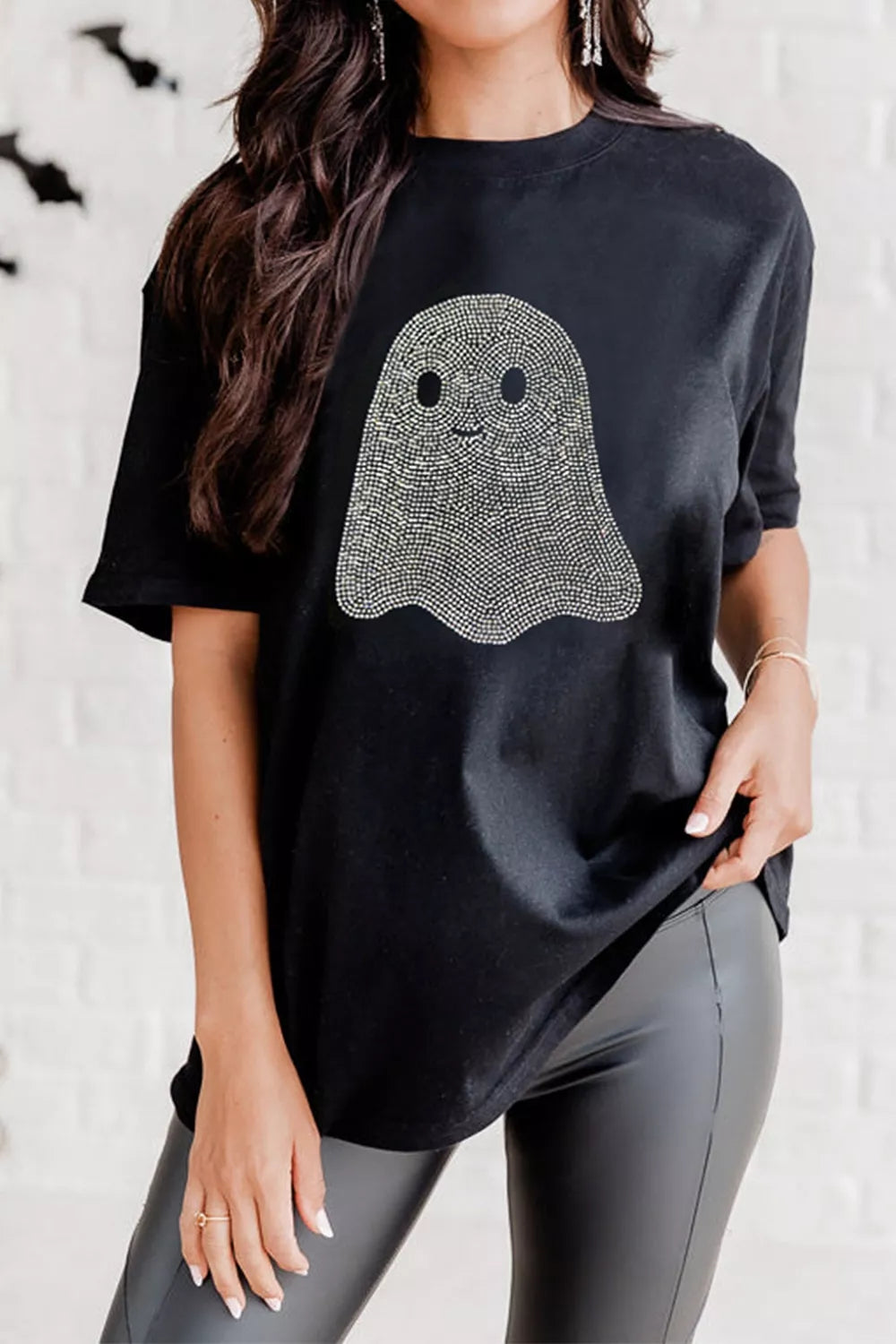 Rhinestone Ghost Round Neck T-Shirt in black, front view