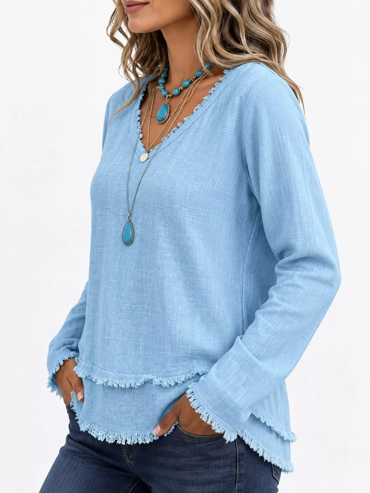 Frayed-hem blouse, light blue angled front
