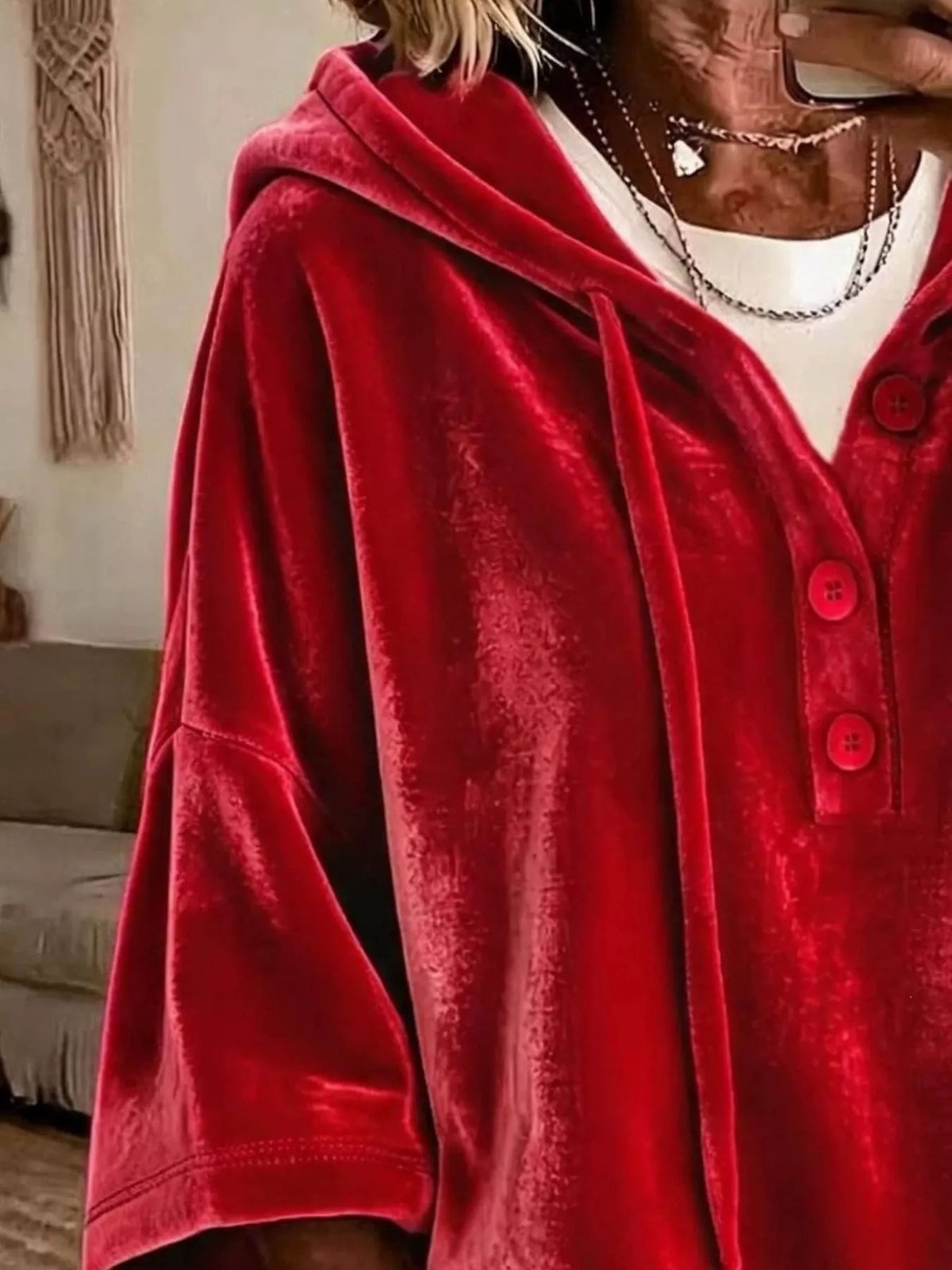 Trendsi Full Size Velvet Button Detail Drawstring Hoodie Plus Size -