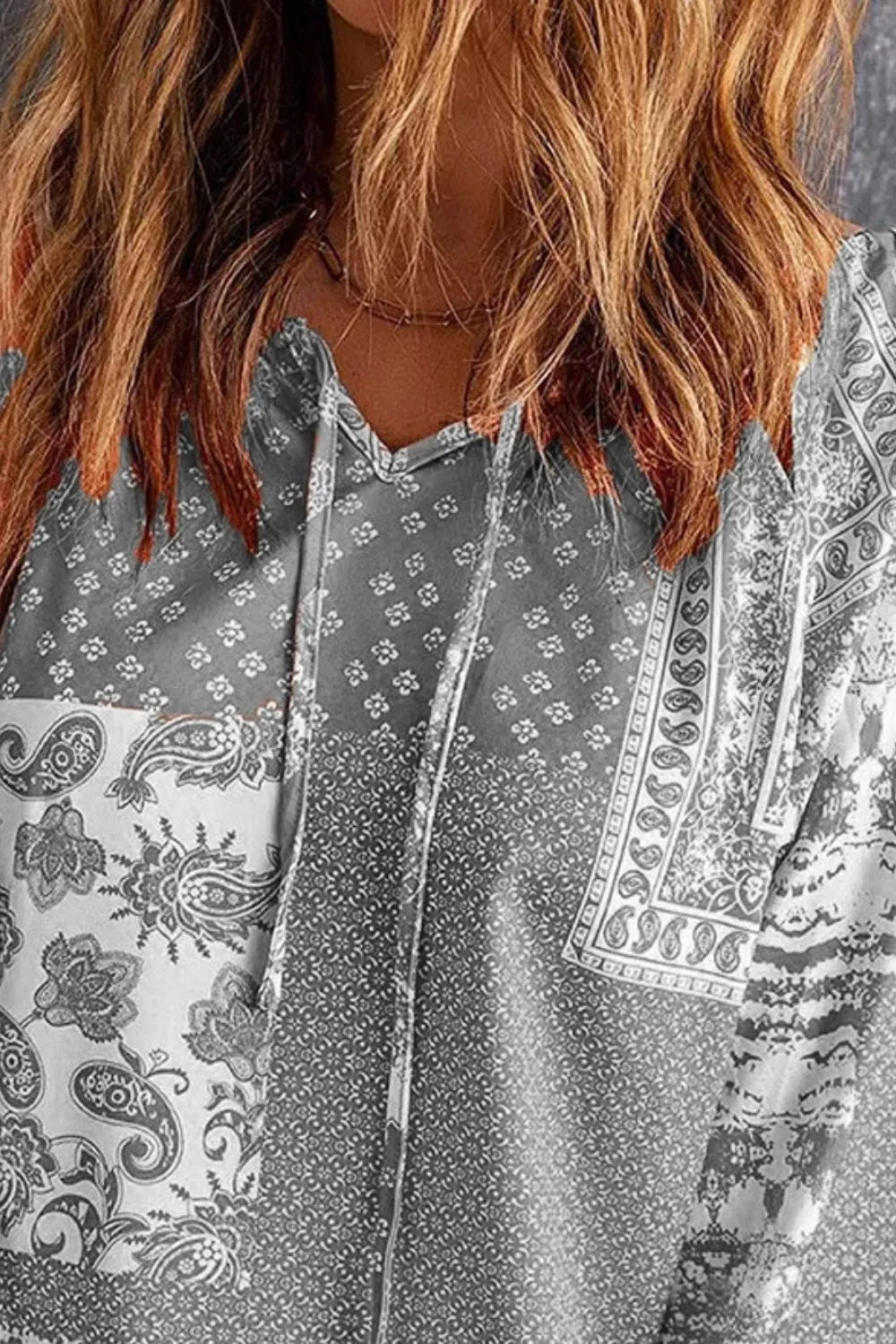 Trendsi Full Size Paisley Print Tie-Neck Long Sleeve Blouse Plus Size -