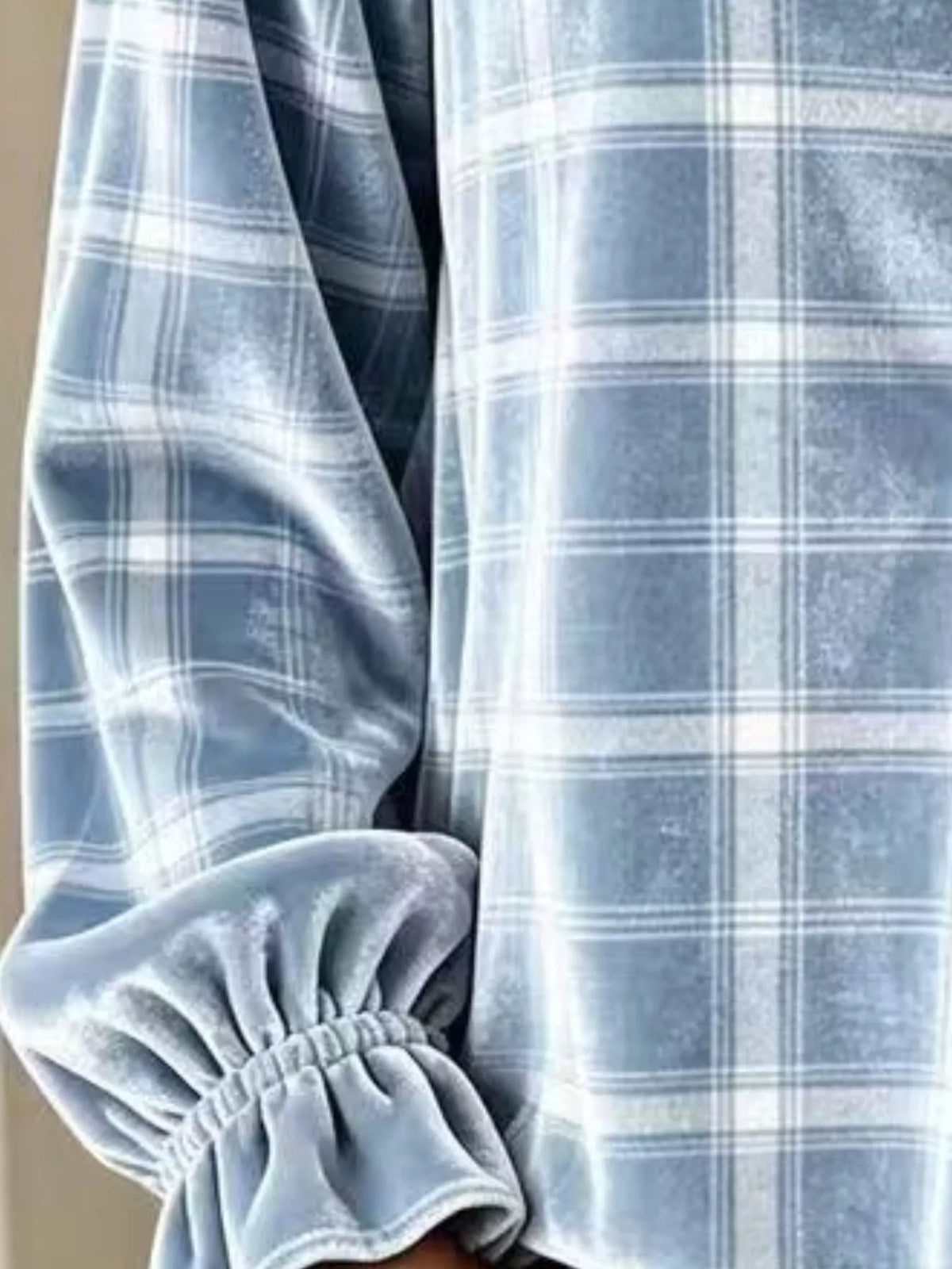 Blue plaid velvet balloon-sleeve blouse, cuff detail