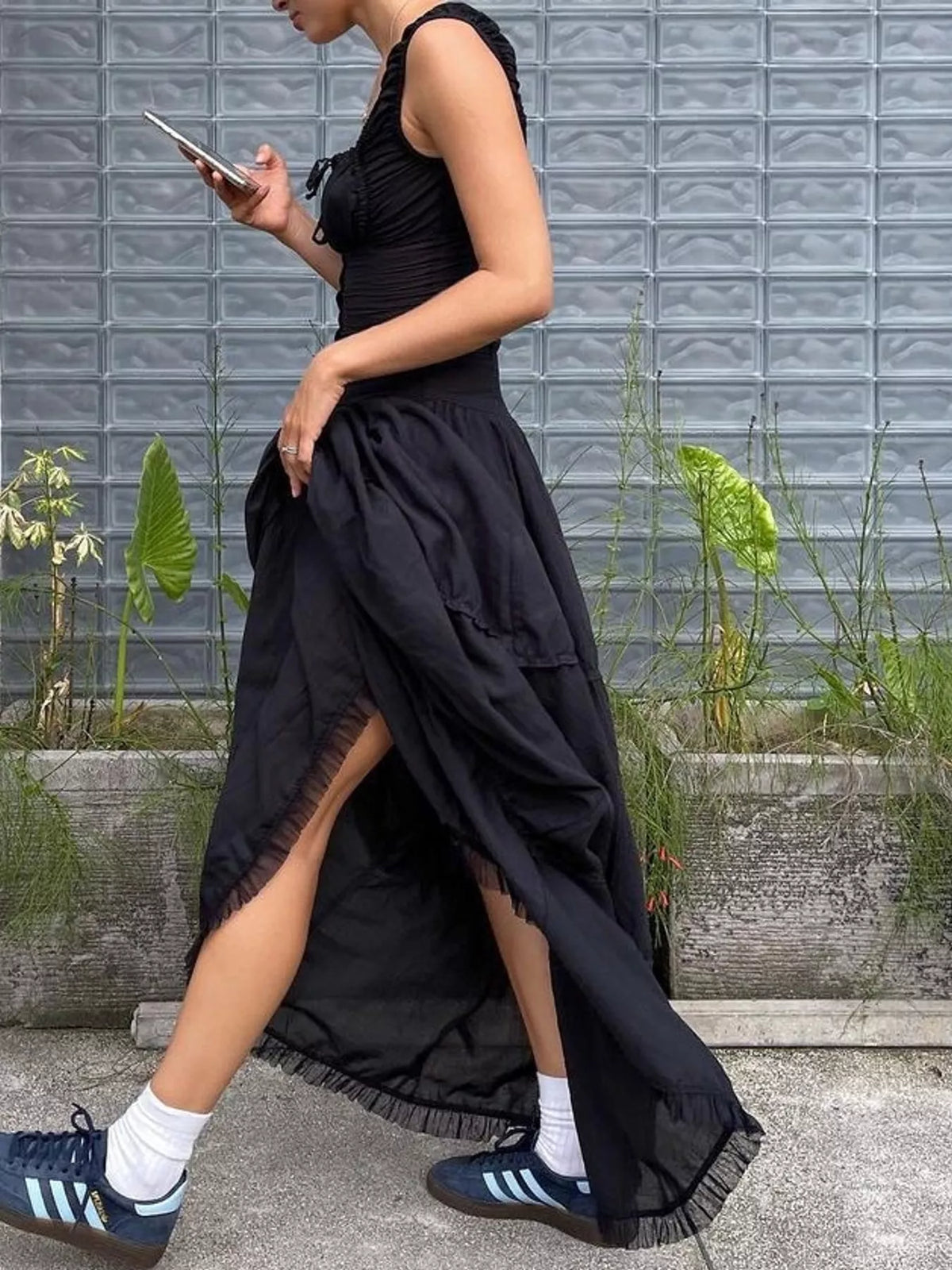 Women's Ruffled Square Neck Tiered Maxi Dress in black — side view