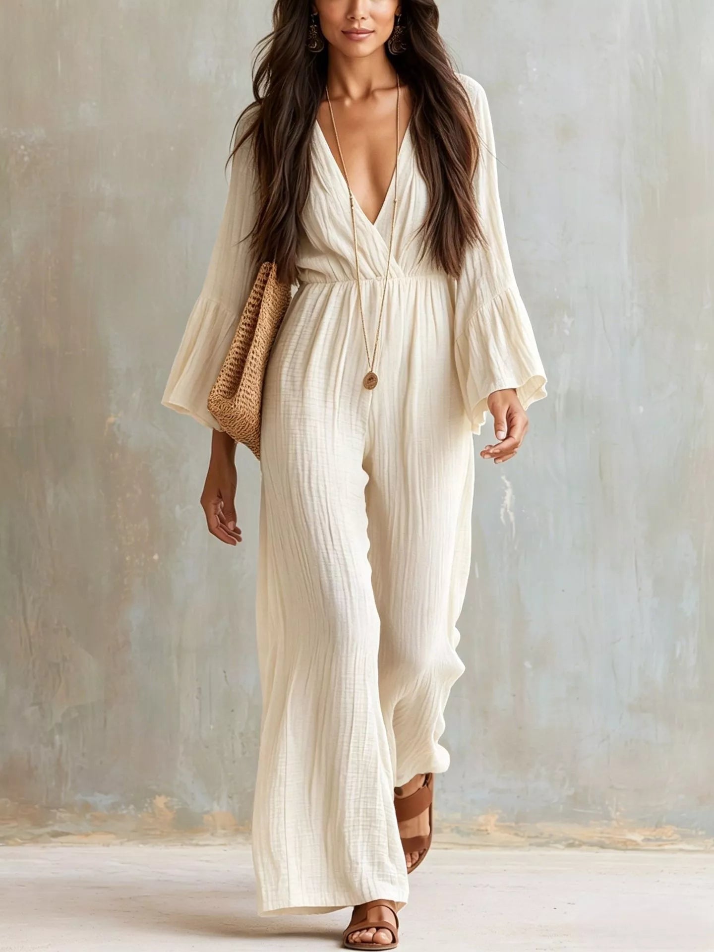 Trendsi Textured Flare Sleeve Jumpsuit -
