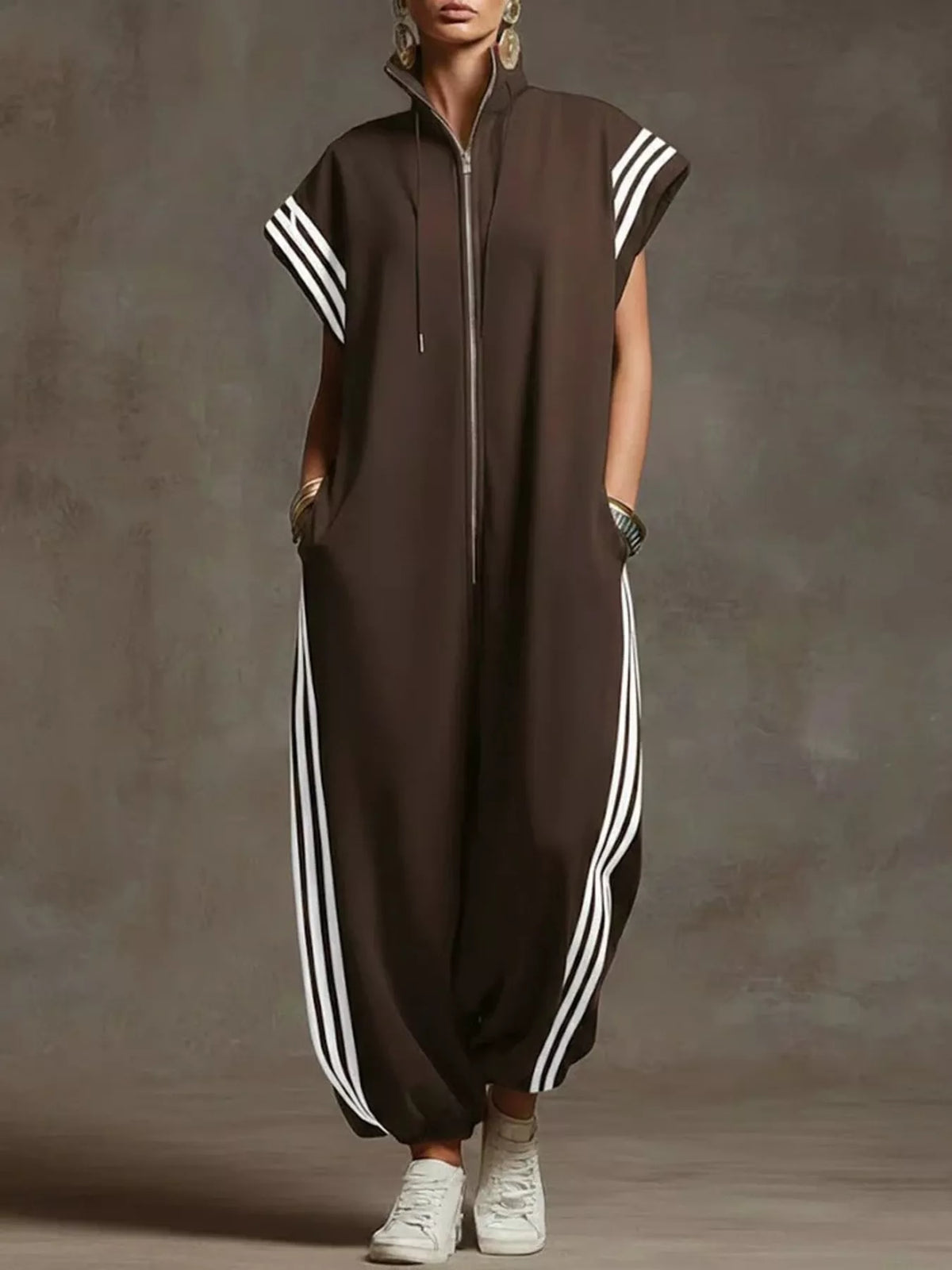Trendsi Full Size Side Stripe Zip-Front Wide Leg Jumpsuit Plus Size -
