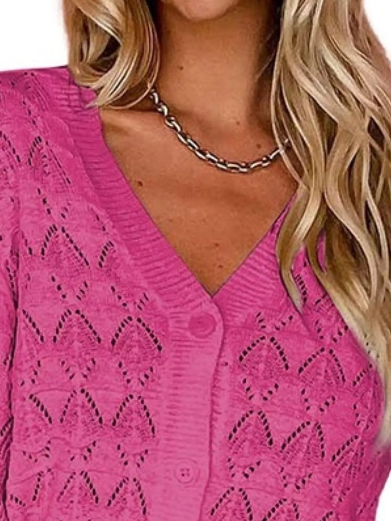 Trendsi Chic V-Neck Openwork Button-Down Knit Cardigan -