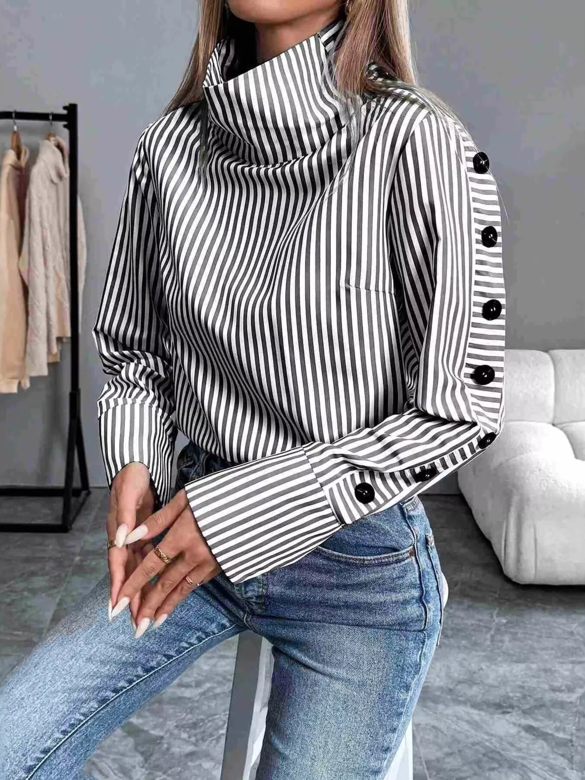 Trendsi Striped Turtleneck Long Sleeve Blouse -
