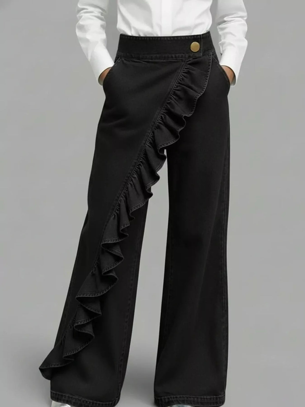 Asymmetrical Ruffled Wide-Leg Jeans in black