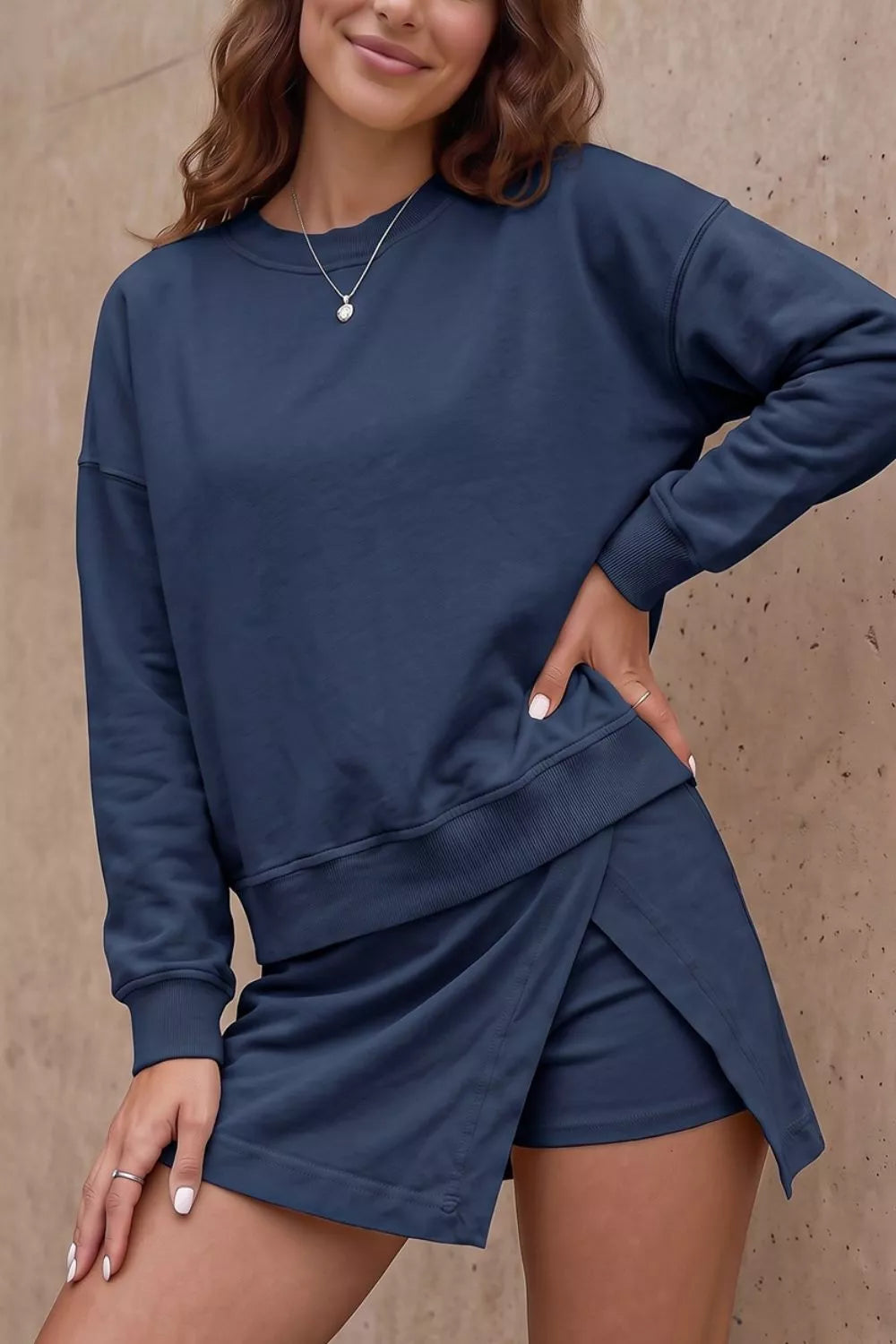 Trendsi Solid Color Long Sleeve Top Split Skort 2pcs Outfit -