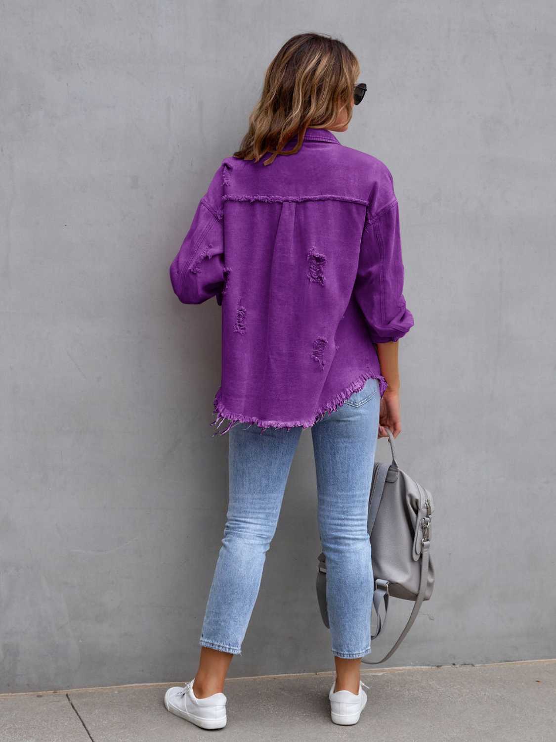 Trendsi Distressed Drop Shoulder Denim Jacket -