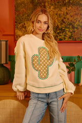 Trendsi BiBi Cactus Embroidered Fleece Sweatshirt -