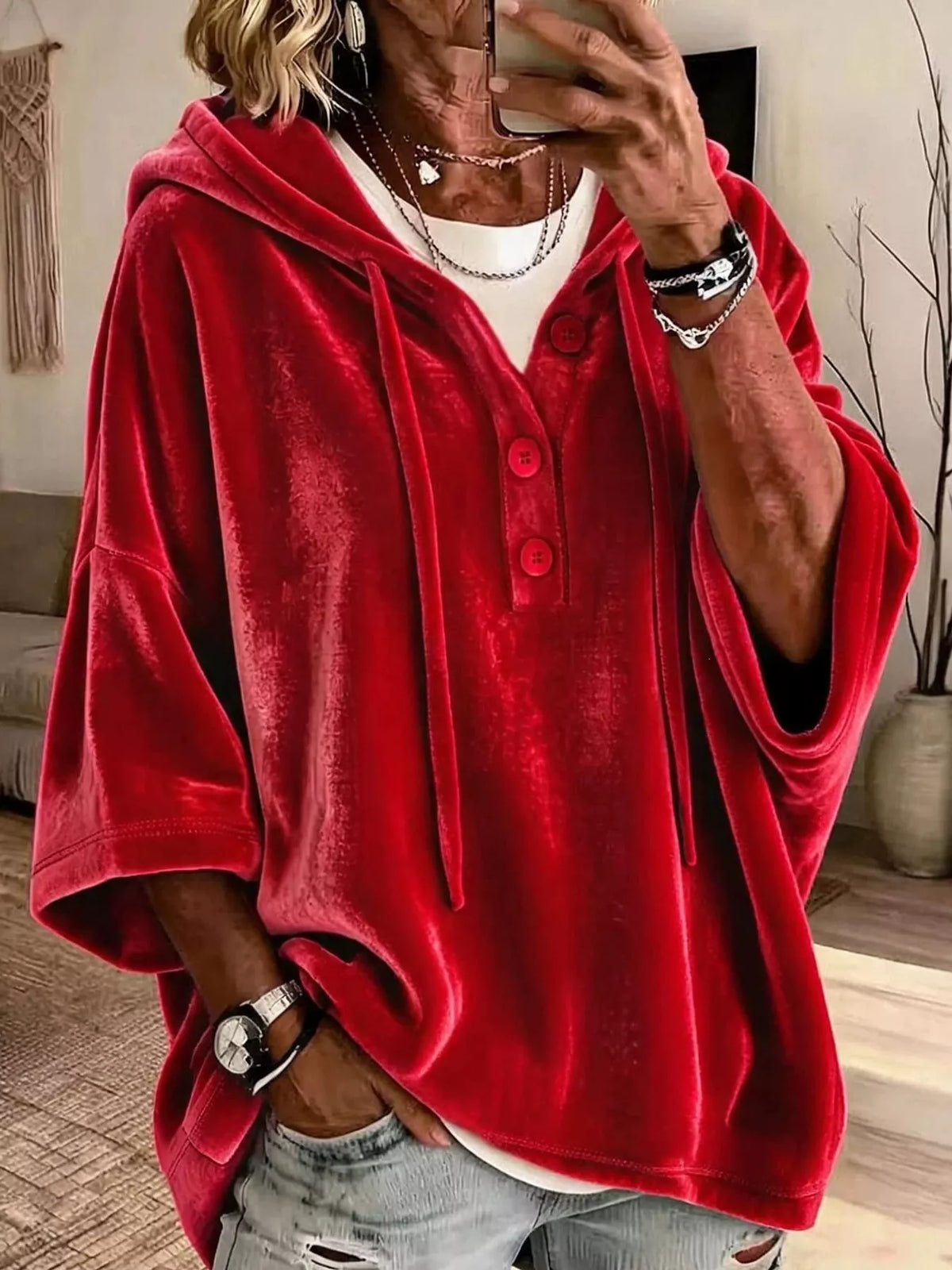 Velvet Button Hoodie in red, front view