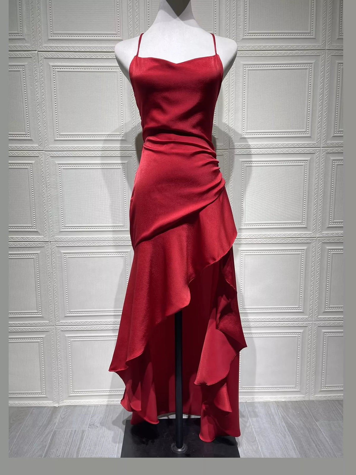 Red high-low ruffle-hem evening dress, product view