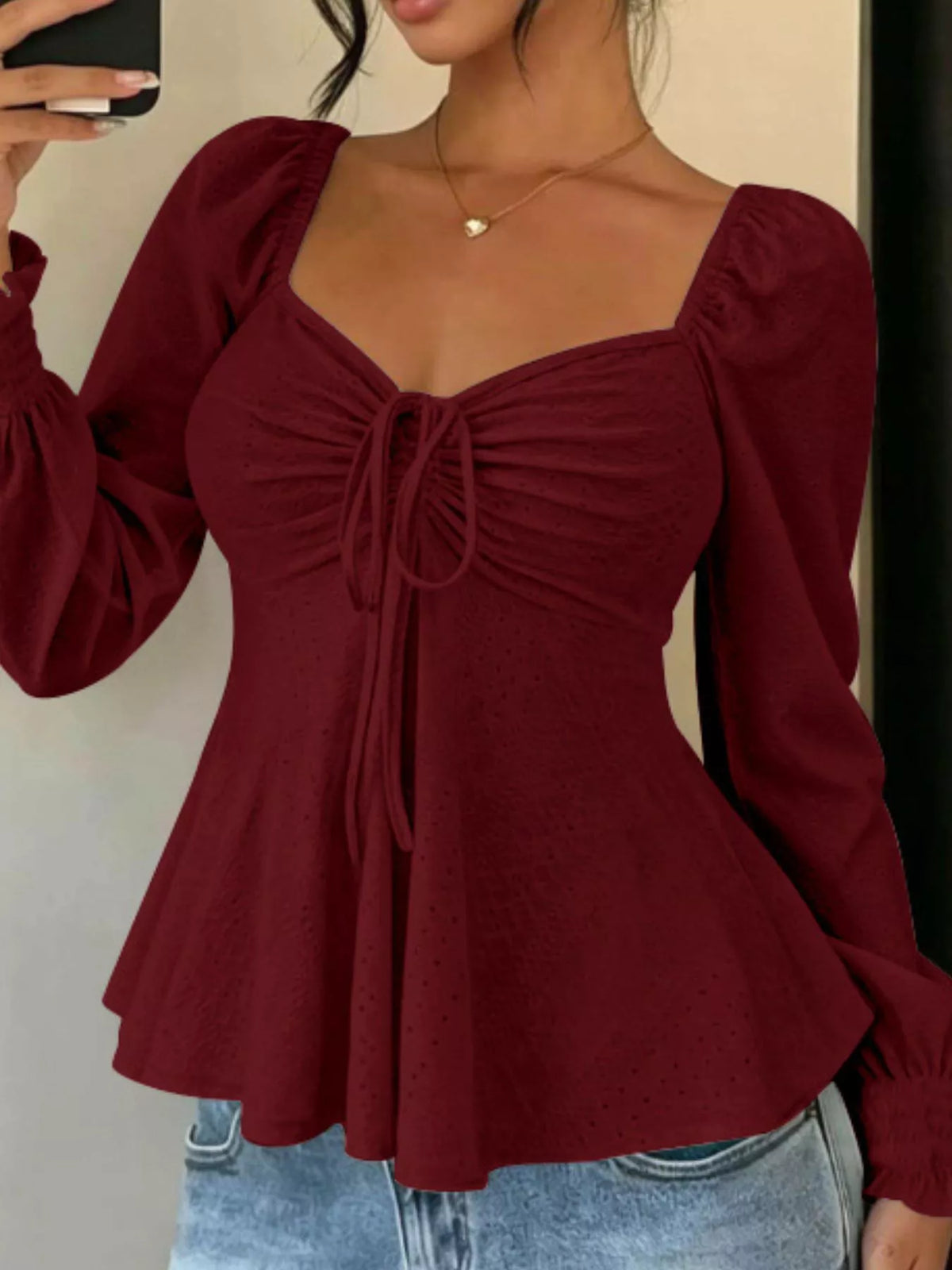 Trendsi Ruched Sweetheart Neck Long Sleeve Top -