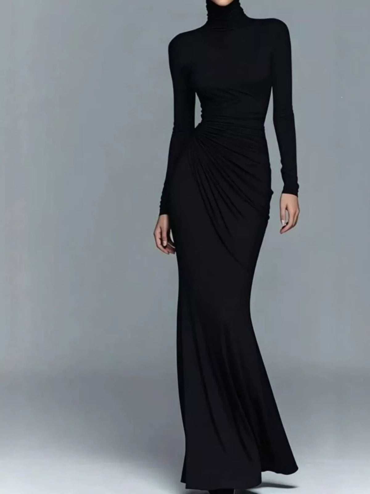 Black turtleneck ruched maxi dress