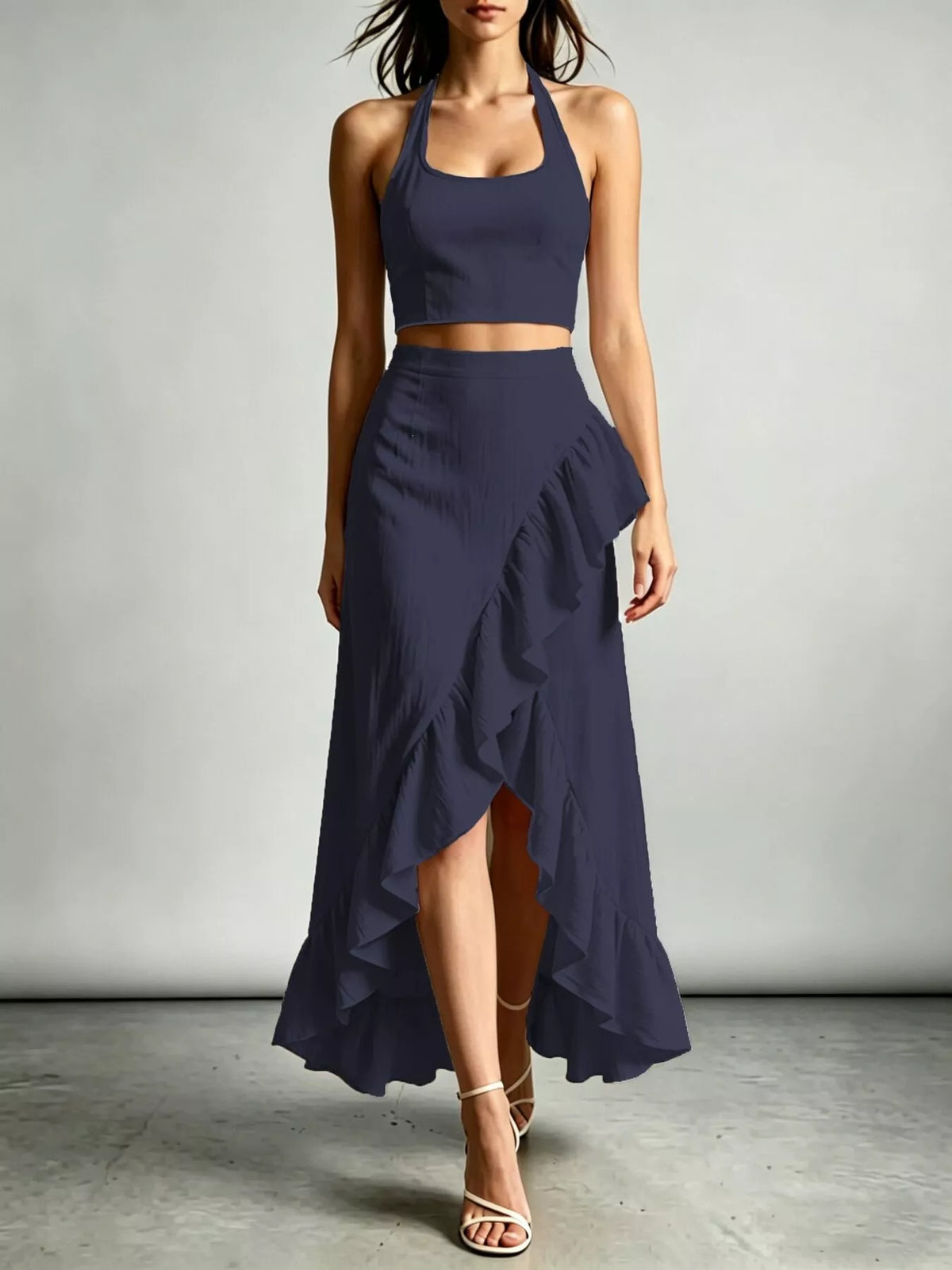 Navy Halter Neck Crop Top and High-Low Maxi Skirt Two-Piece Set front view