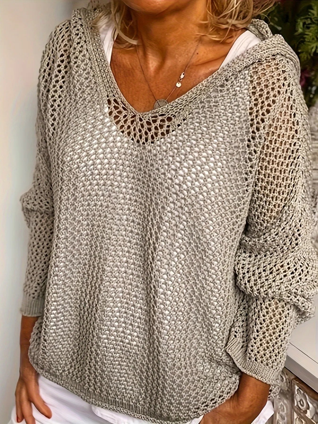 Trendsi Openwork Long Sleeve Hooded Knit Cover Up -
