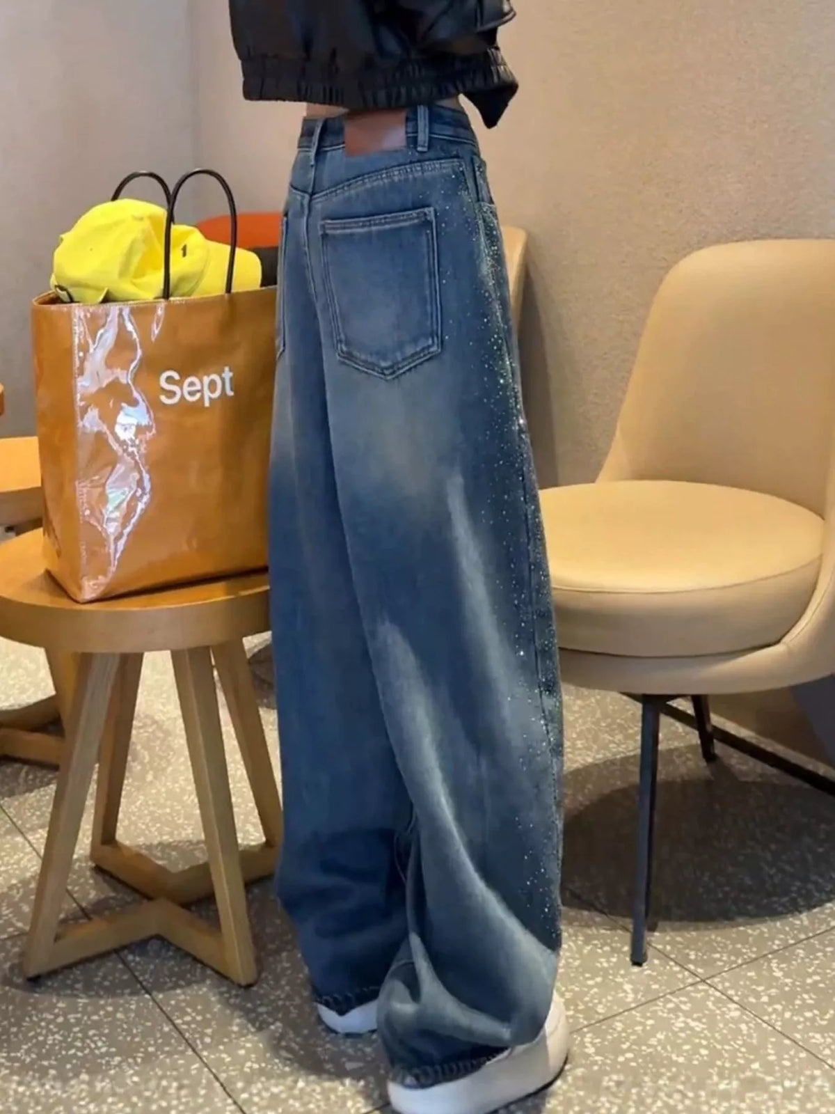 Rhinestone Embellished Wide-Leg Jeans in blue