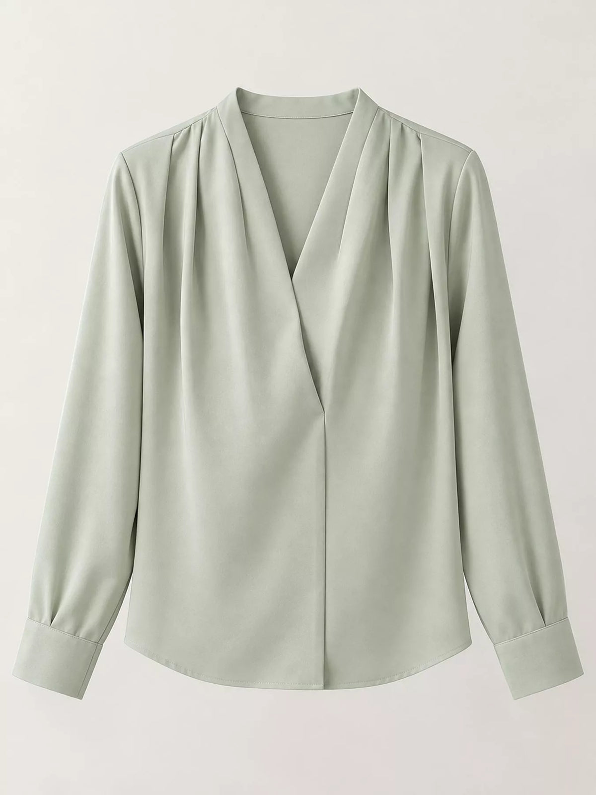 Women's V-Neck Pleated Shoulder Satin Blouse in sage — flat lay view