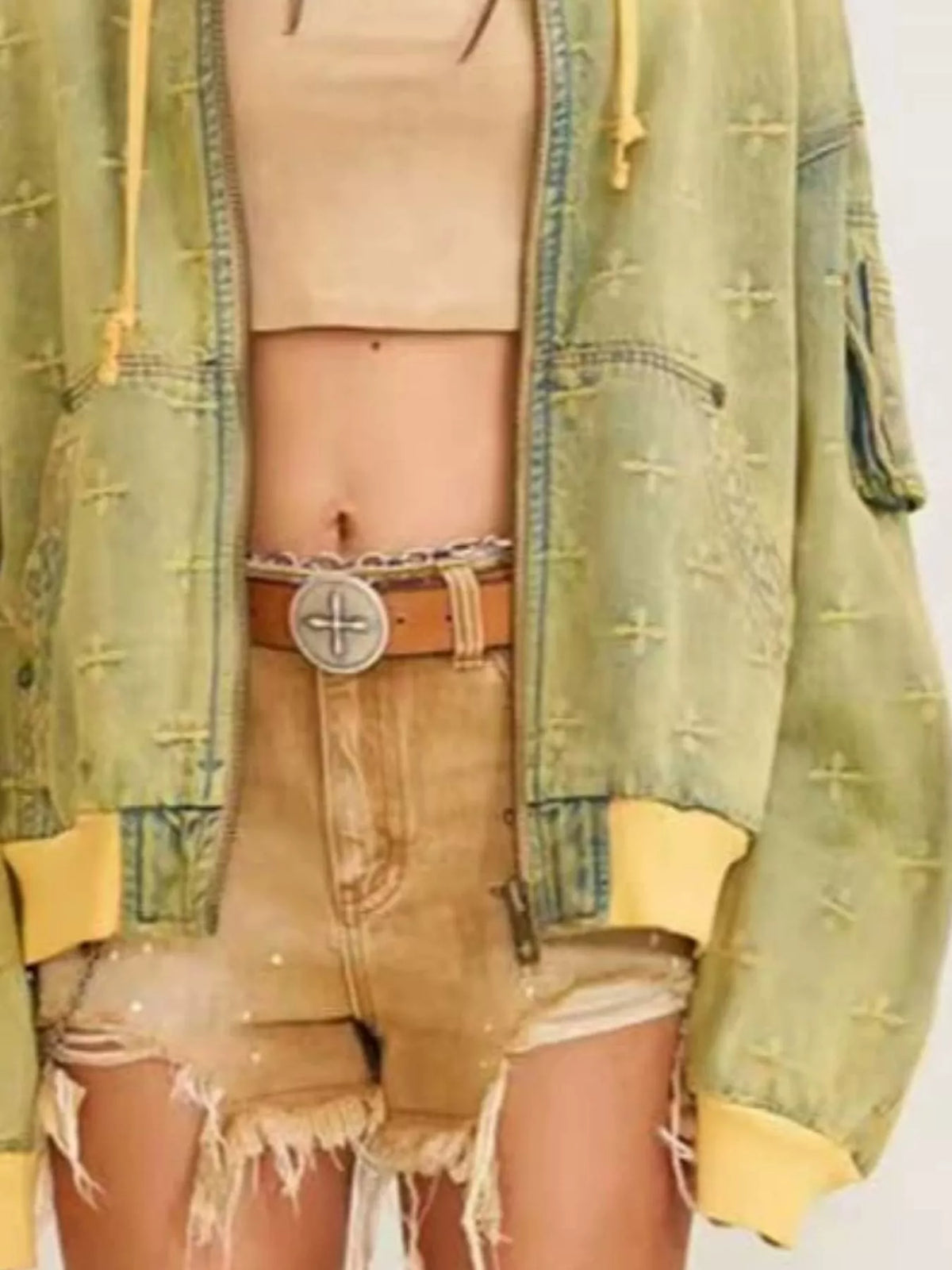 Embroidered Hooded Zip-Up Denim Jacket — garment construction details