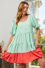 Trendsi BiBi Two-Tone Balloon Sleeves U Neck Tiered Ruffle Hem Mini Dress -