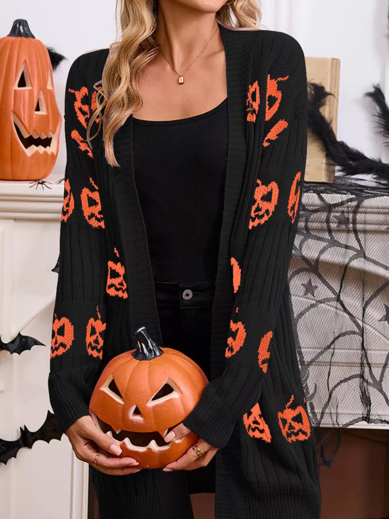 Trendsi Halloween Pumpkin Open Front Knit Cardigan -