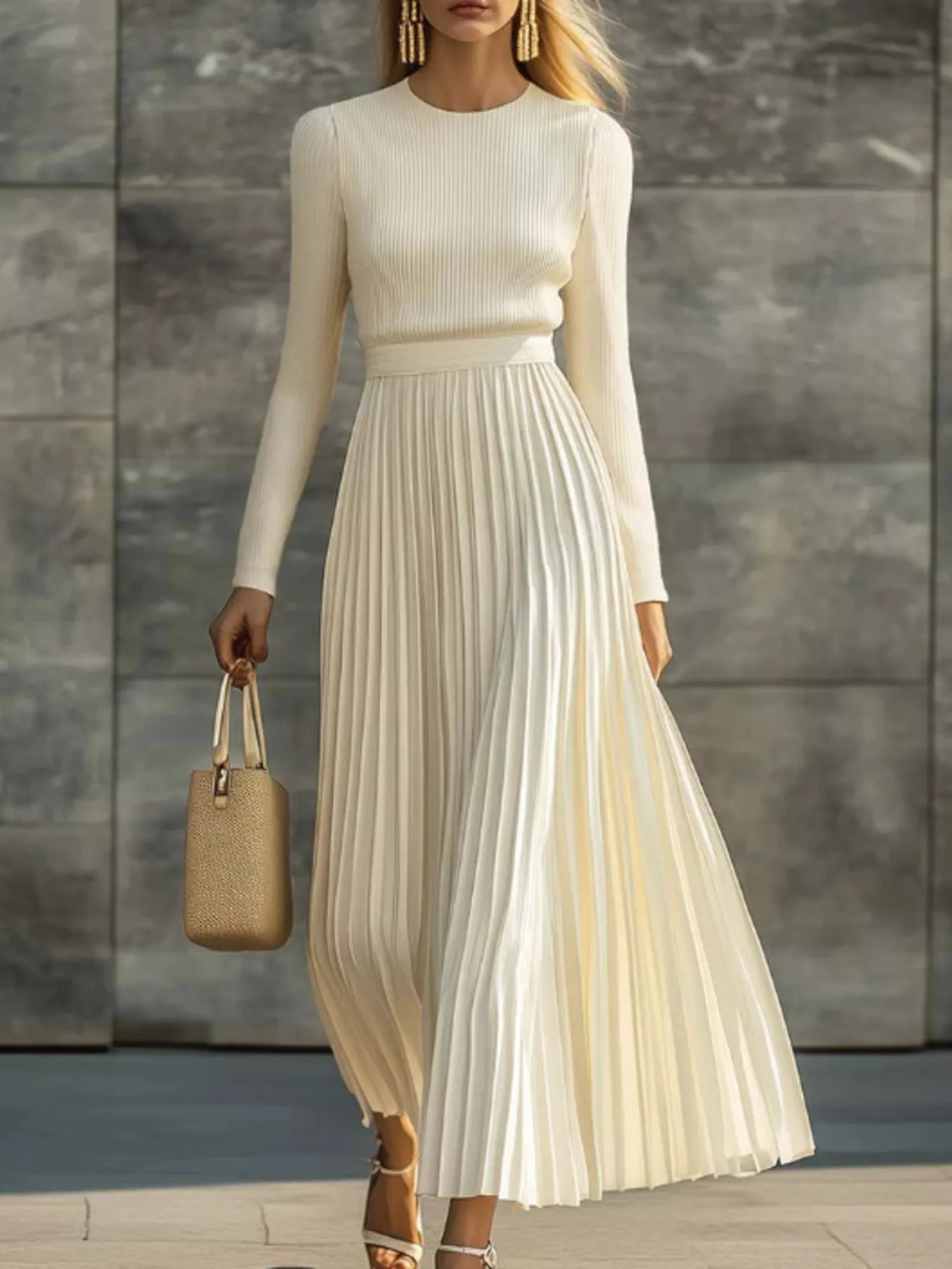 Trendsi Ribbed Knit Pleated Midi Dress -