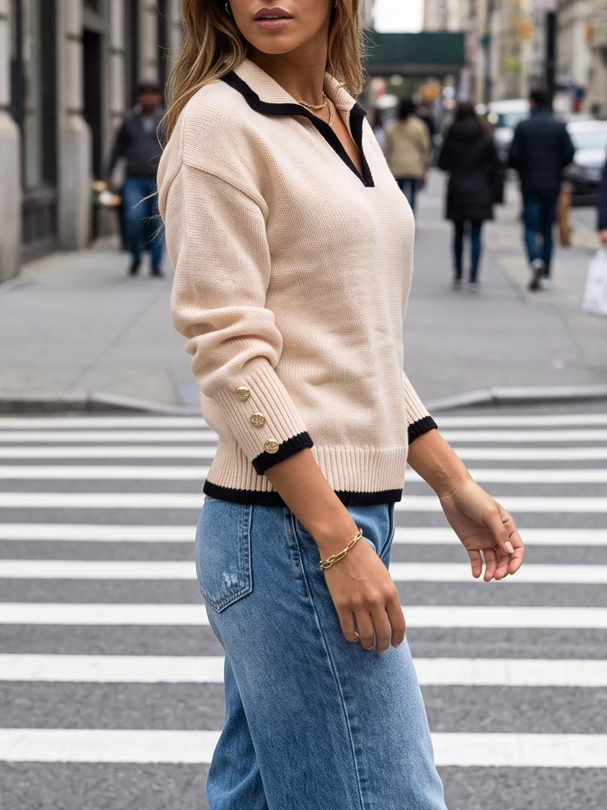 Beige contrast-trim polo collar sweater, side view