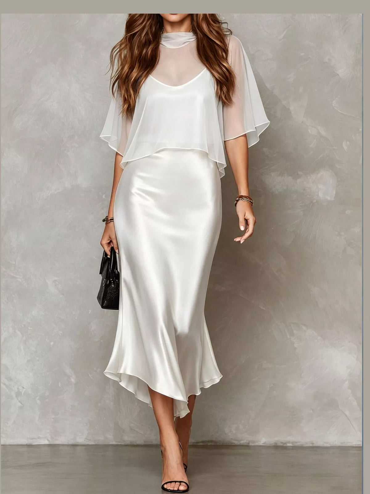 White satin cami dress and sheer cover up set — front view