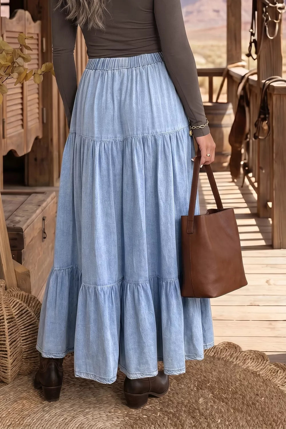 Trendsi Elastic Waist Ruffled Tiered Flared Denim Maxi Skirt -
