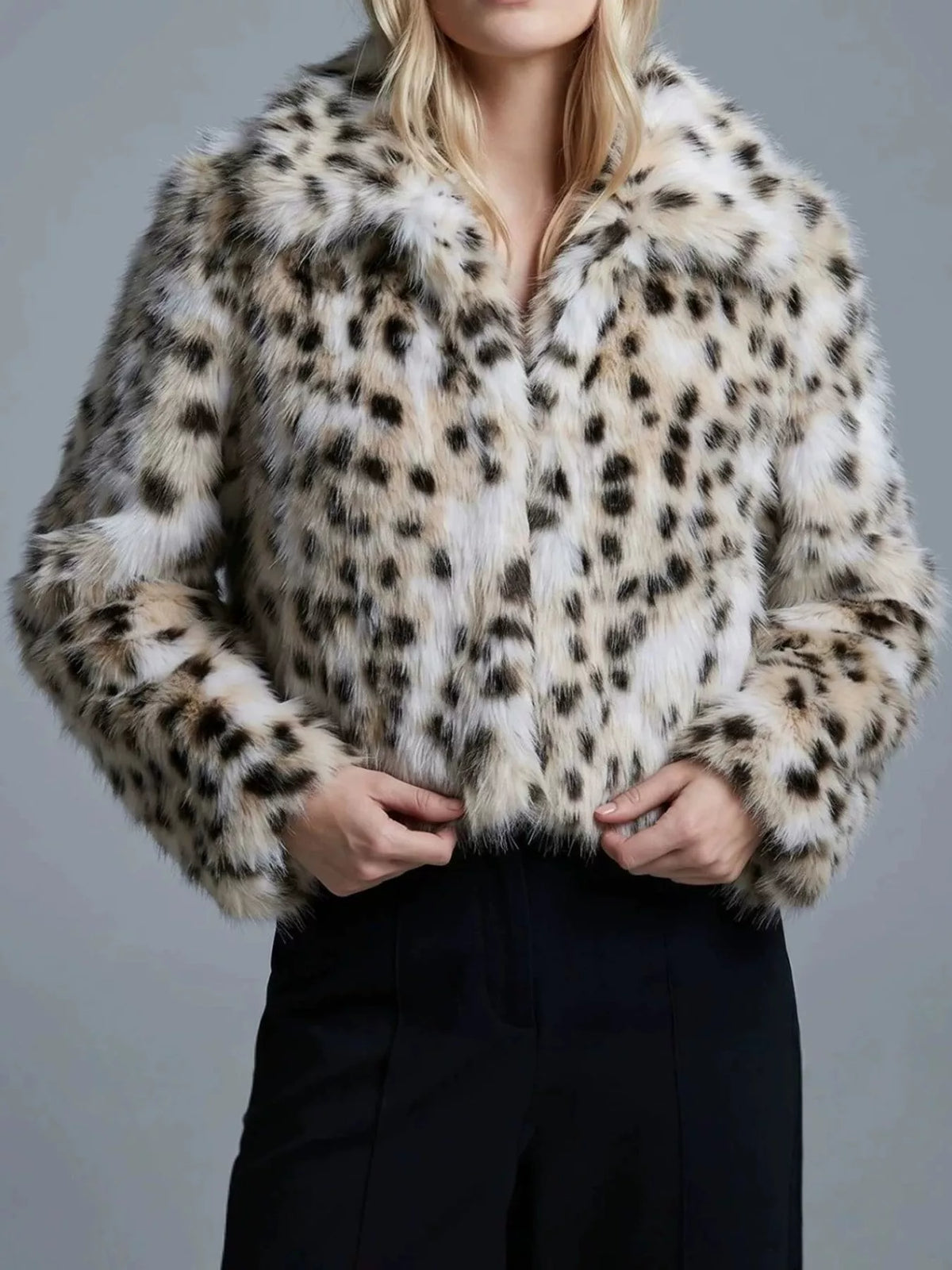 Collared long sleeve jacket, front view on model