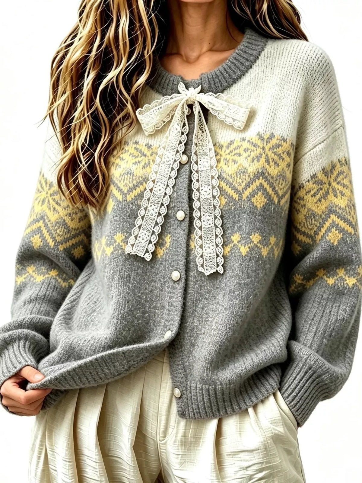 Gray and cream lace tie button-up cardigan