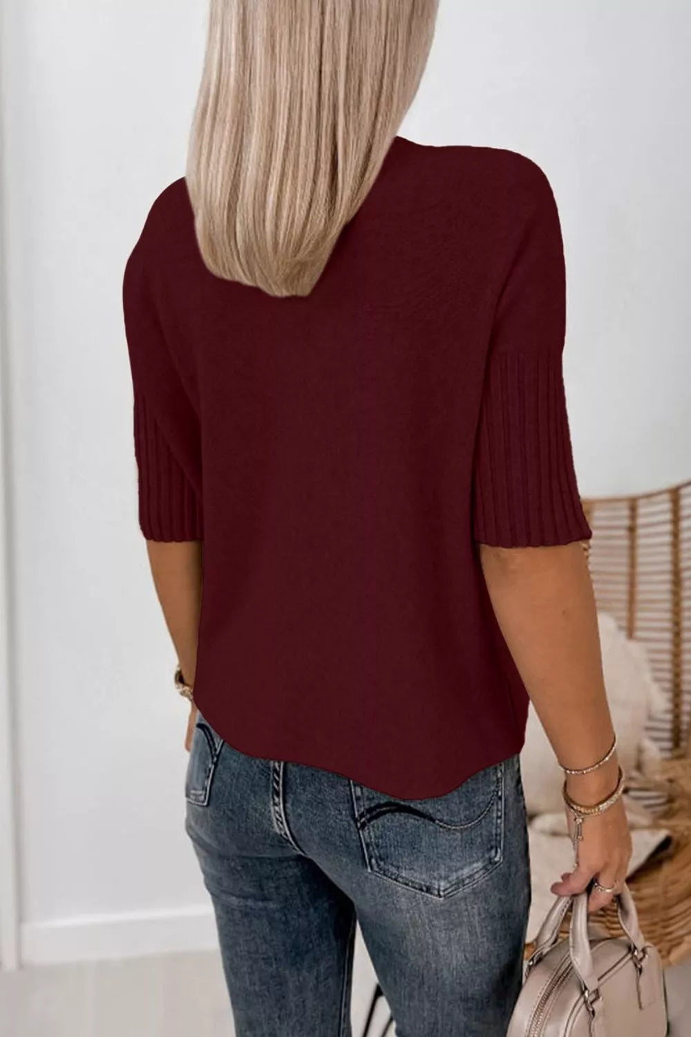 Women's Mock Neck Half Sleeve Ribbed Sweater in Burgundy, detail view