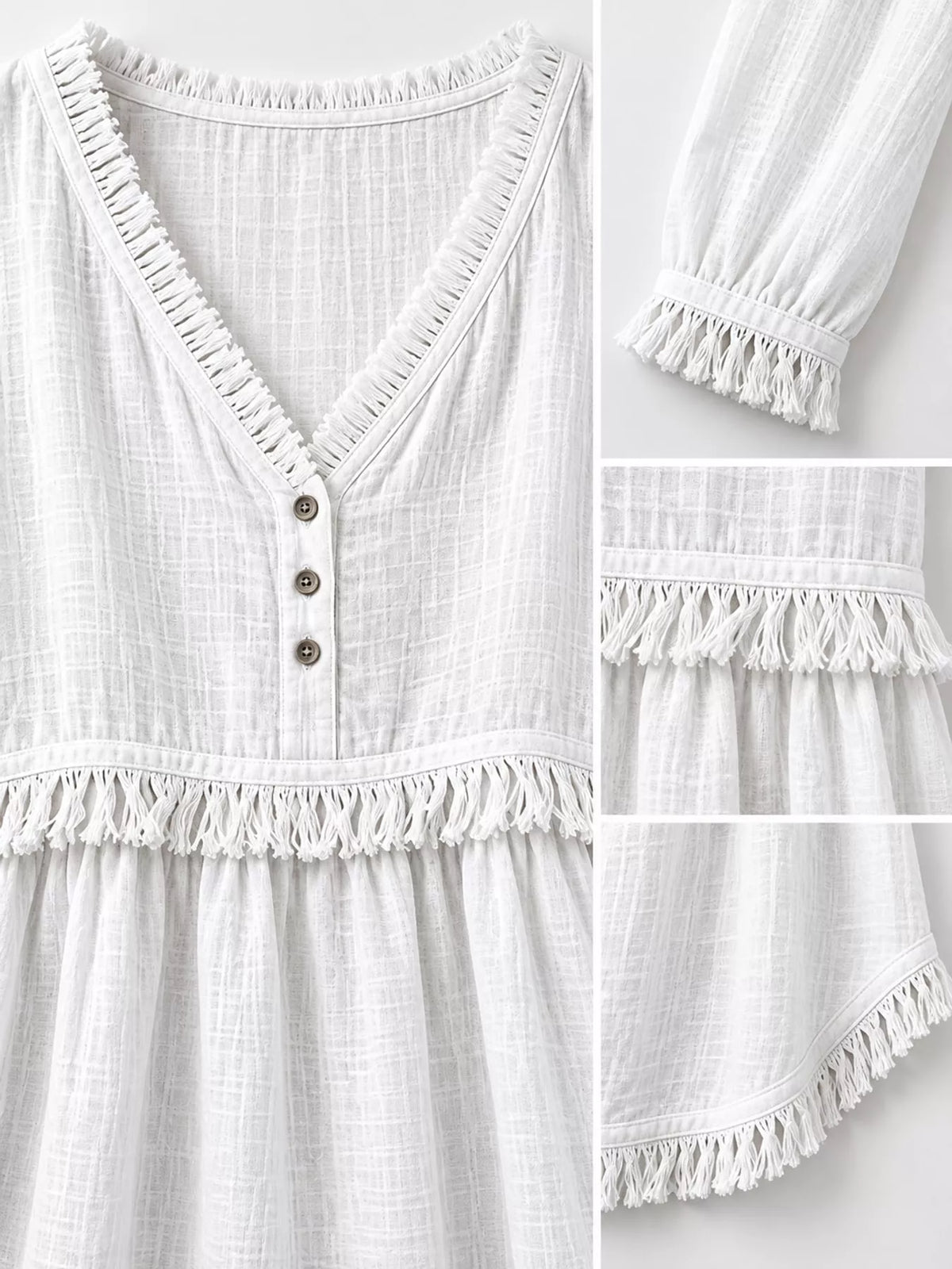 Fringe-trim blouse, white detail collage
