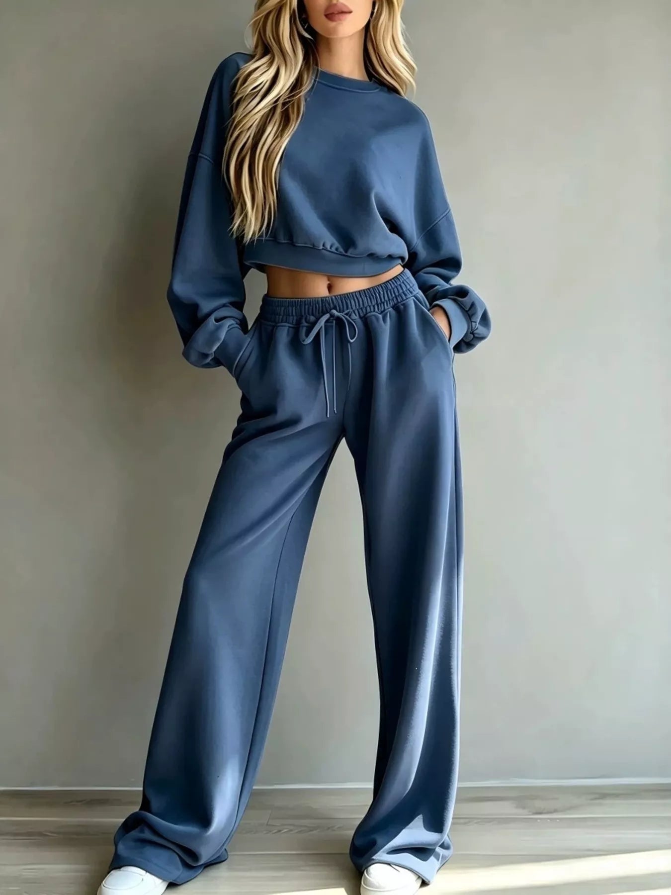 Trendsi Round Neck Cropped Sweatshirt and Wide-Leg Pants Set -