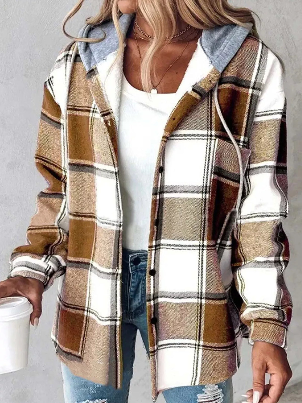 Button-Down Printed Contrast Hooded Shacket — front view