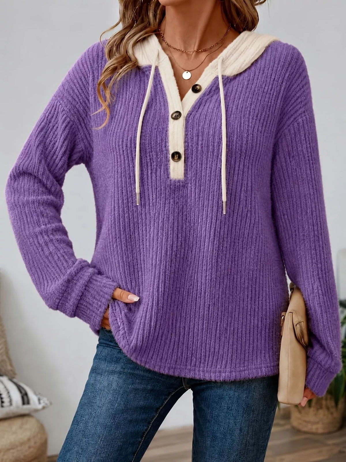 Trendsi Full Size Drawstring Button Detail Hooded Sweater Plus Size -