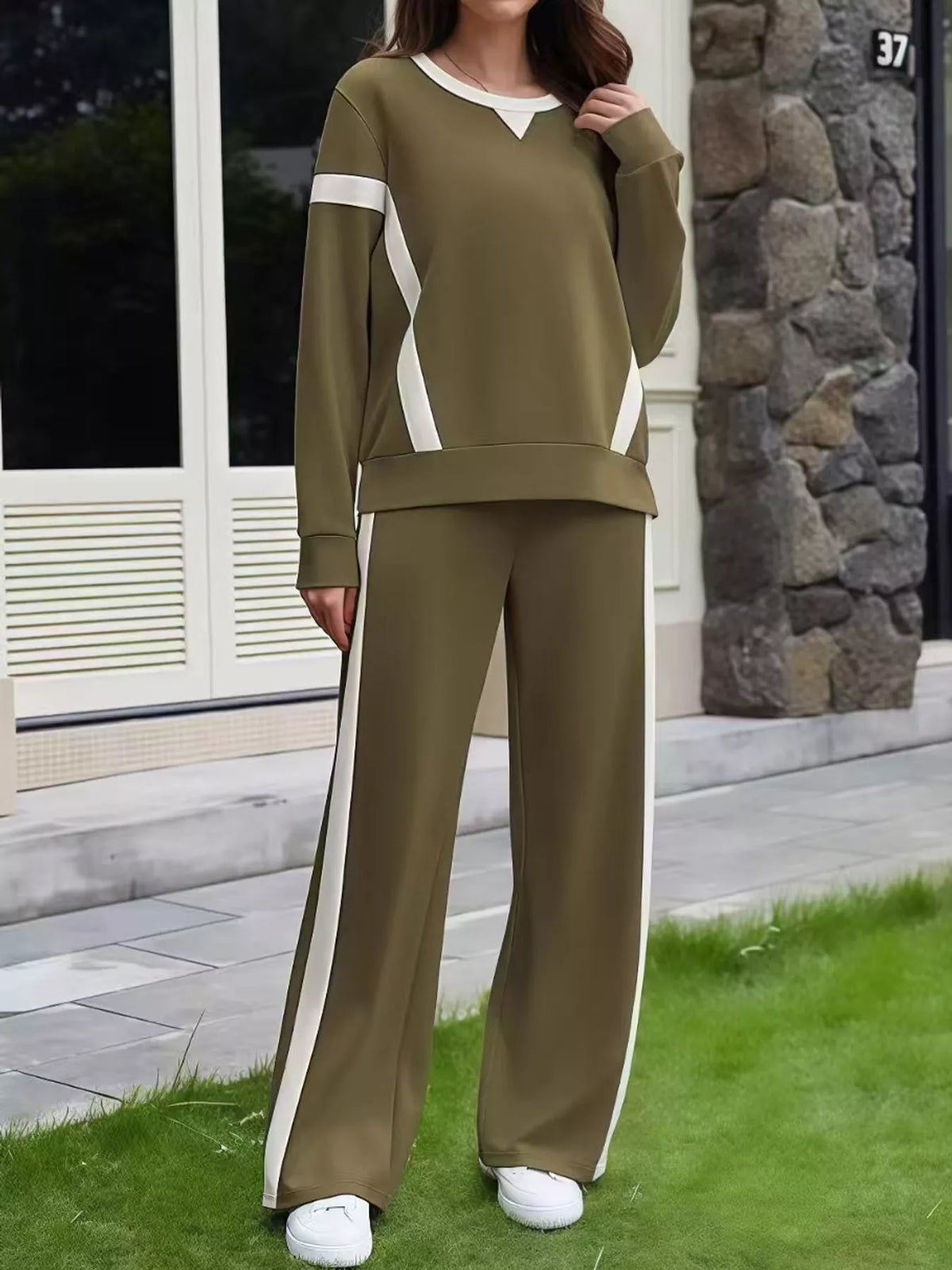 Contrast Striped Crew Neck Top and Pants Set in olive
