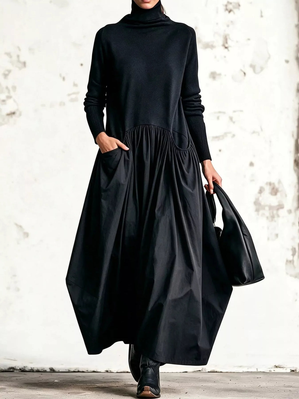Turtleneck Maxi Dress in black, front view
