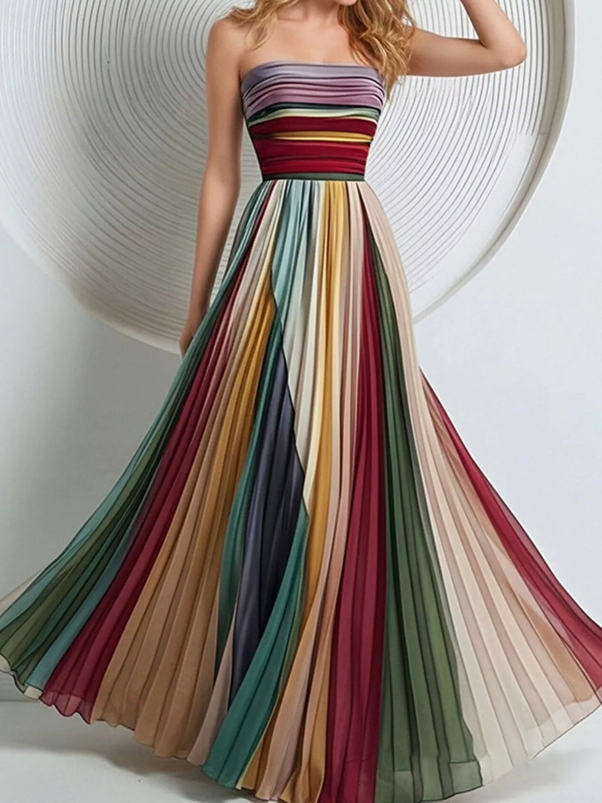 strapless maxi dress, front view on model