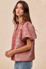 Trendsi BiBi Jacquard Woven Short Balloon Sleeves V Neck Top -