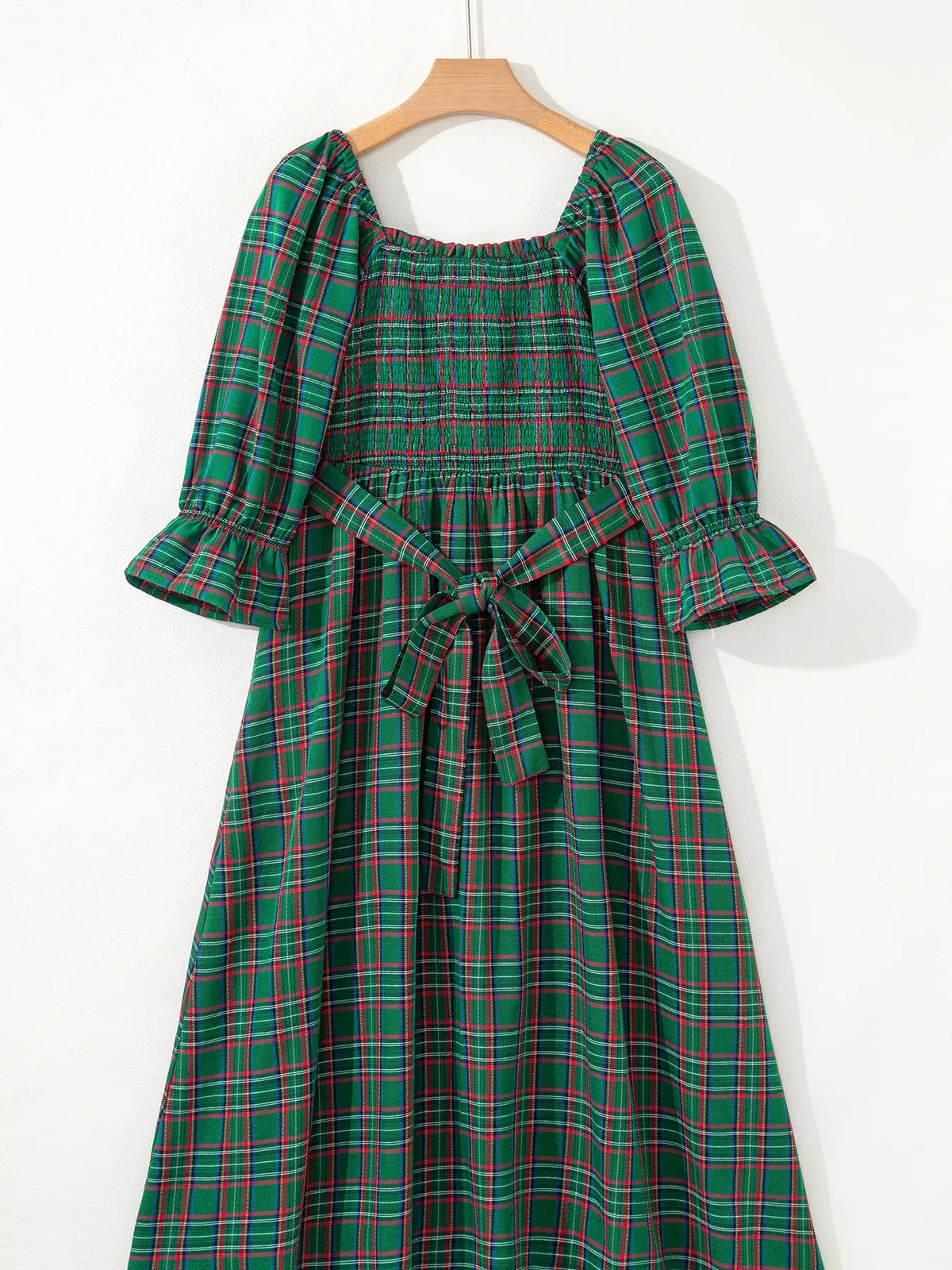 Dark Green plaid square neck puff sleeve tie-waist midi dress, back view