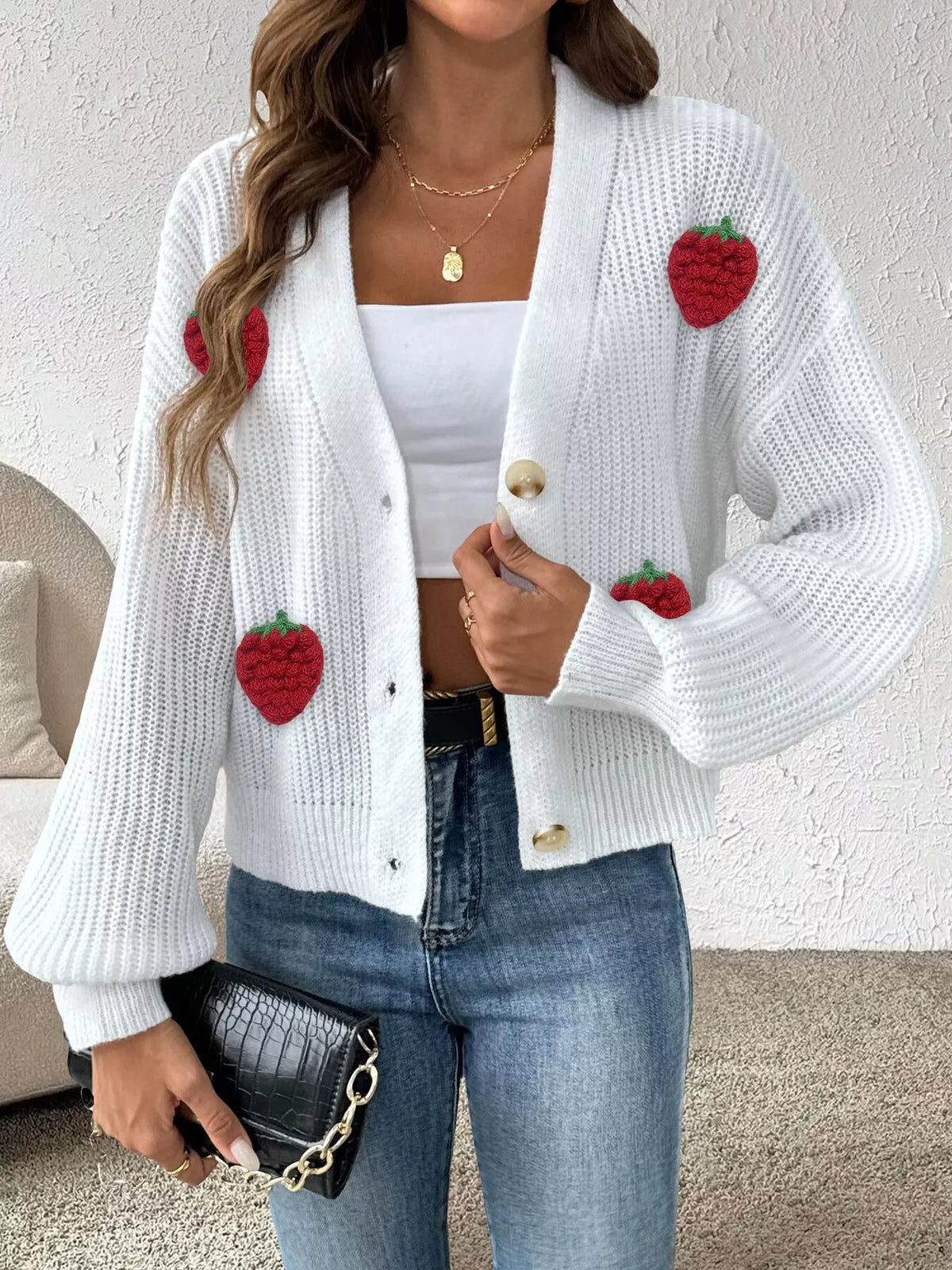 White Strawberry Applique Button-Up Cardigan front view